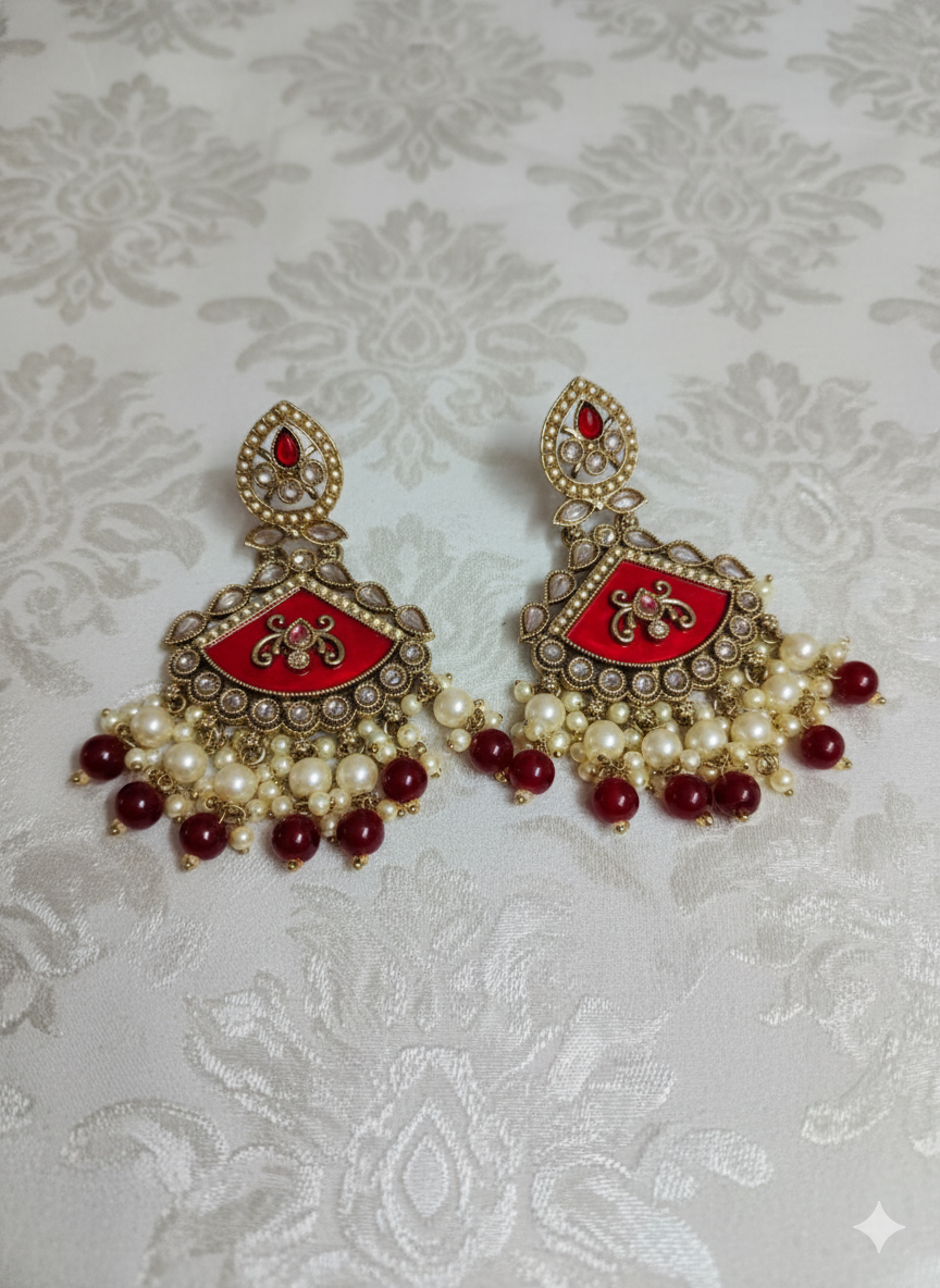 Ruby Red Meenakari Chandelier Drop Earrings